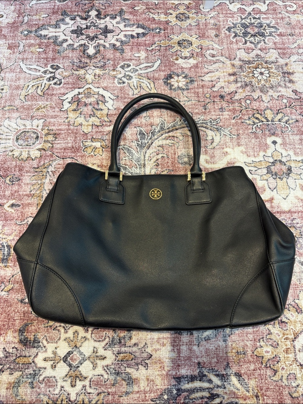 Tory Burch Black Leather Double-Handle Tote with Gold Logo